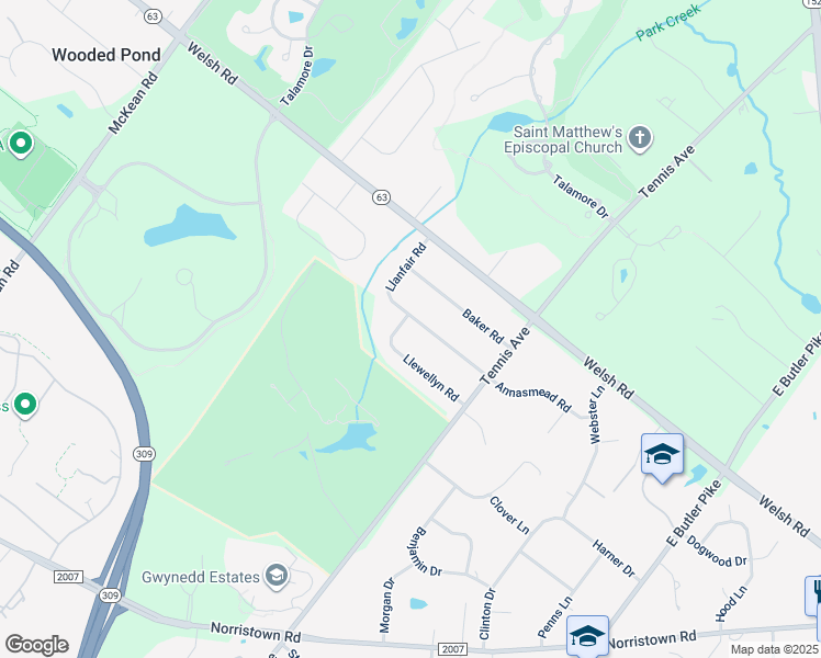 map of restaurants, bars, coffee shops, grocery stores, and more near 313 Llewellyn Road in Ambler