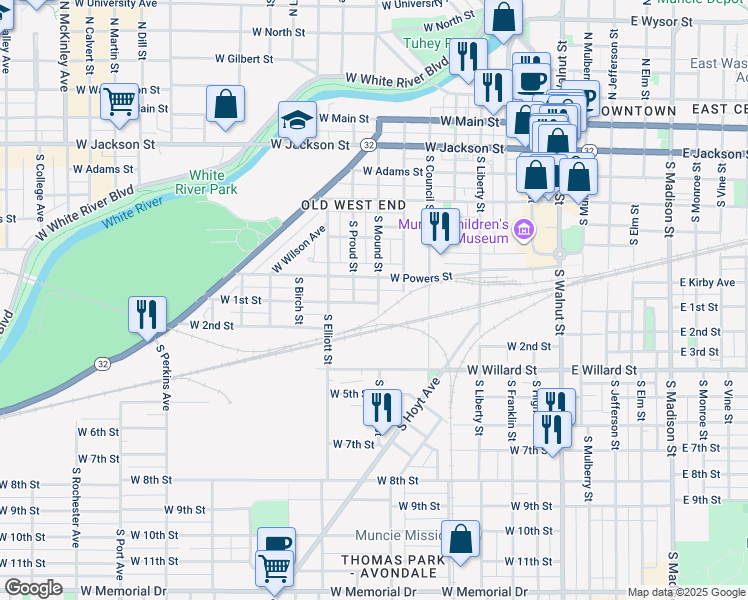 map of restaurants, bars, coffee shops, grocery stores, and more near 816 West 1st Street in Muncie