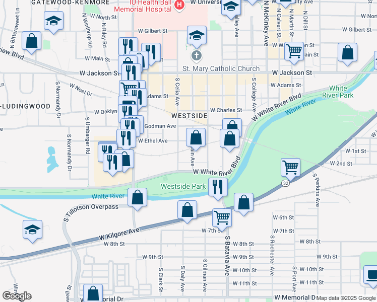 map of restaurants, bars, coffee shops, grocery stores, and more near 715 South Brittain Avenue in Muncie