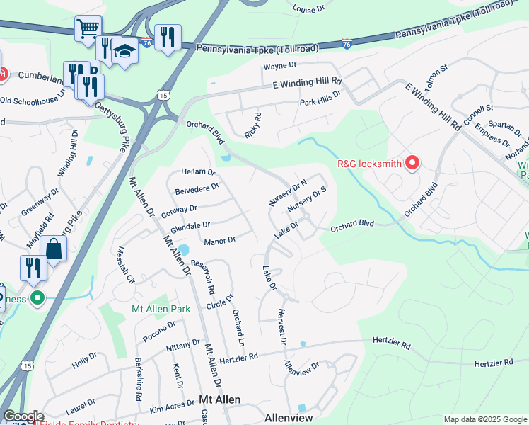 map of restaurants, bars, coffee shops, grocery stores, and more near 466 Nursery Drive North in Mechanicsburg