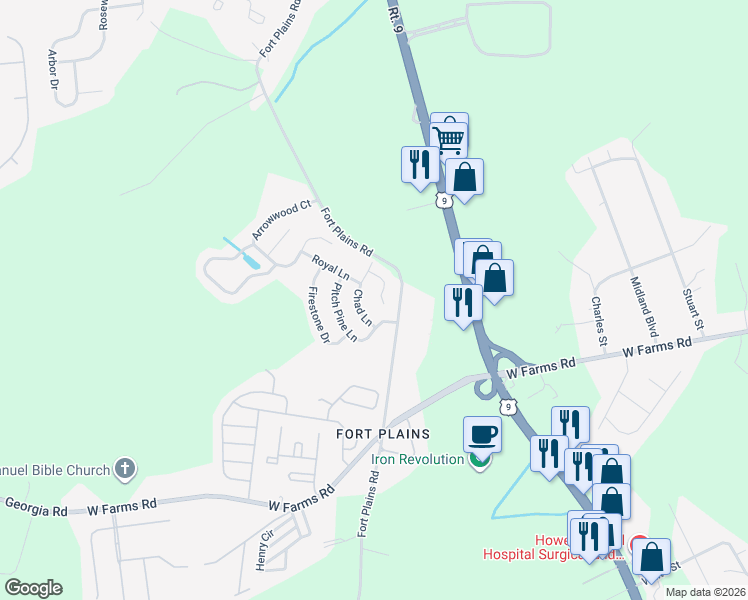 map of restaurants, bars, coffee shops, grocery stores, and more near 14 Rockspray Court in Howell Township