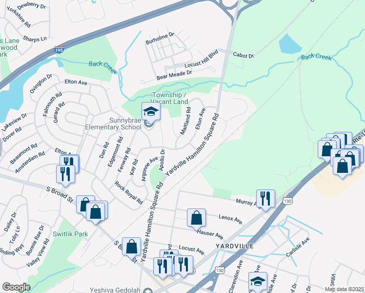 map of restaurants, bars, coffee shops, grocery stores, and more near 193 Elton Avenue in Hamilton Township