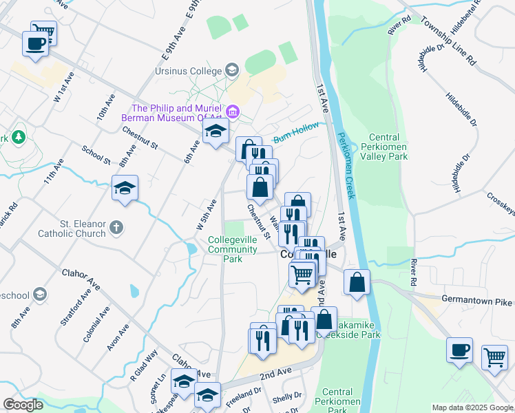 map of restaurants, bars, coffee shops, grocery stores, and more near 421 Chestnut Street in Collegeville