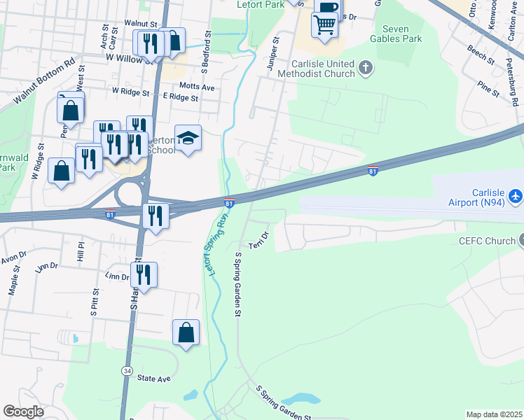 map of restaurants, bars, coffee shops, grocery stores, and more near Spring Garden Estates in Carlisle