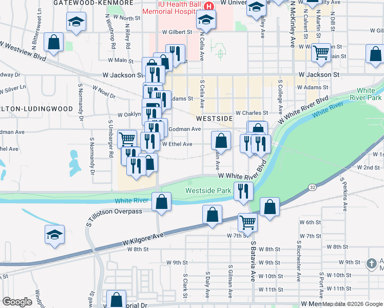 map of restaurants, bars, coffee shops, grocery stores, and more near 714 South Cole Avenue in Muncie