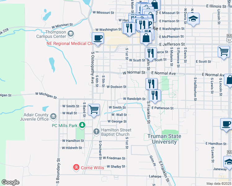 map of restaurants, bars, coffee shops, grocery stores, and more near 917 South Riggen Street in Kirksville