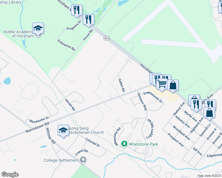 map of restaurants, bars, coffee shops, grocery stores, and more near 624 Locust Lane in Horsham
