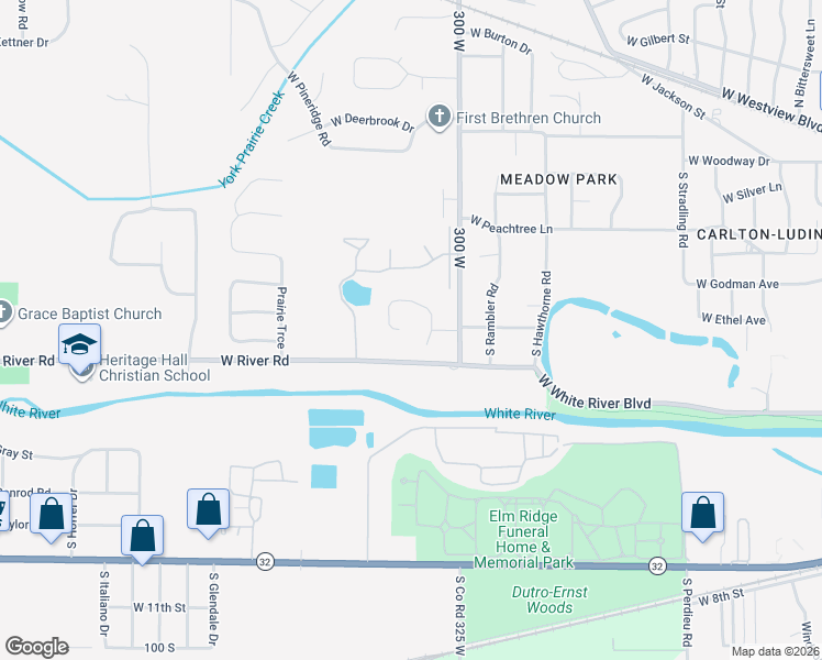 map of restaurants, bars, coffee shops, grocery stores, and more near 720 Stony-Brook Drive in Muncie