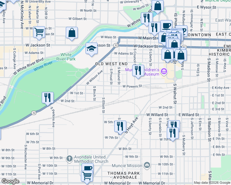 map of restaurants, bars, coffee shops, grocery stores, and more near 816 West 1st Street in Muncie
