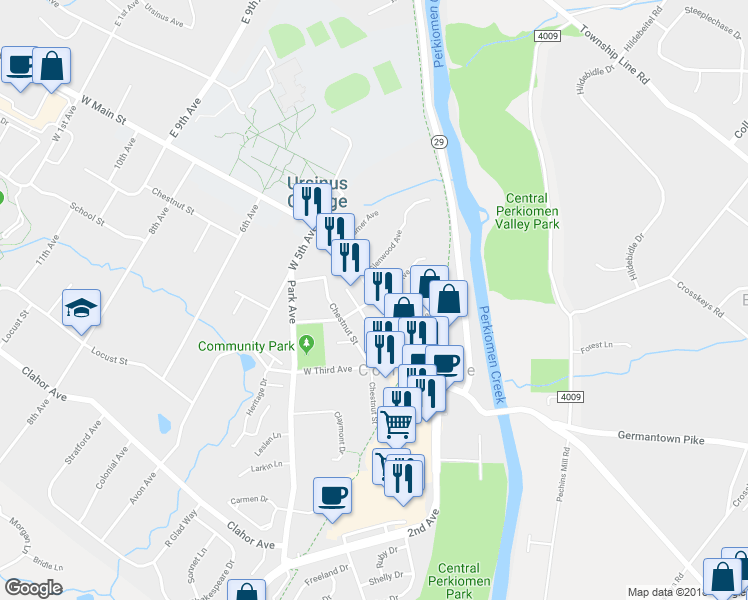 map of restaurants, bars, coffee shops, grocery stores, and more near 14 West 4th Avenue in Collegeville
