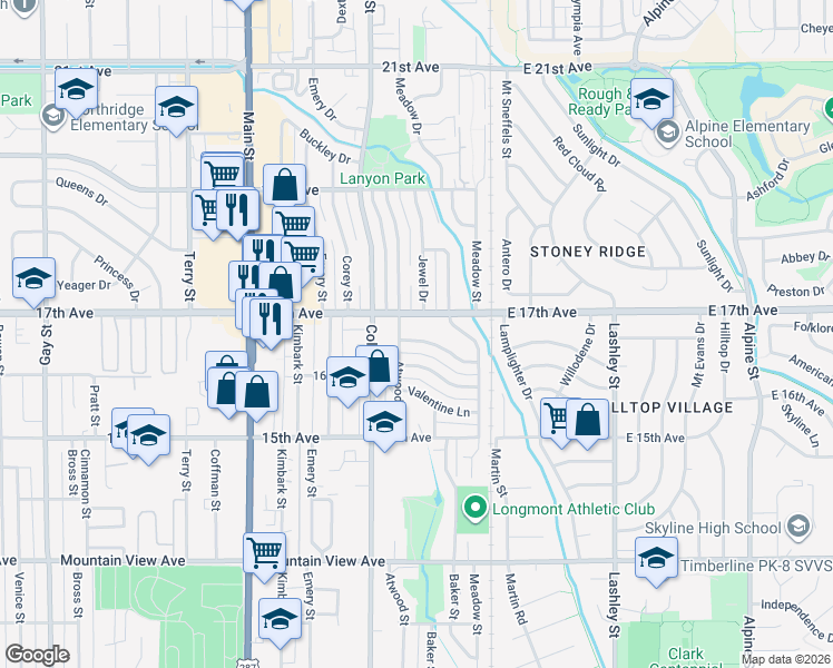 map of restaurants, bars, coffee shops, grocery stores, and more near 124 Anniversary Lane in Longmont