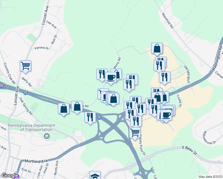 map of restaurants, bars, coffee shops, grocery stores, and more near 335 Washington Road in Washington