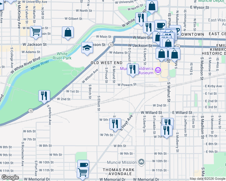 map of restaurants, bars, coffee shops, grocery stores, and more near 621 South Mound Street in Muncie
