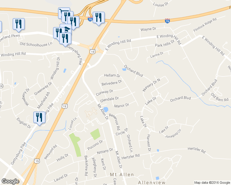 map of restaurants, bars, coffee shops, grocery stores, and more near 18 Conway Drive in Mechanicsburg