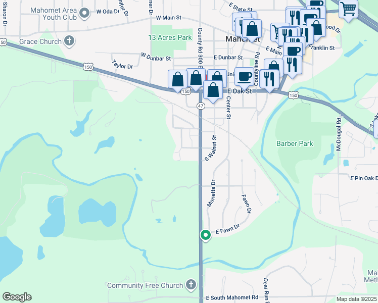 map of restaurants, bars, coffee shops, grocery stores, and more near 105 West Jackson Street in Mahomet