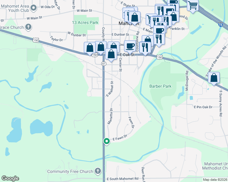 map of restaurants, bars, coffee shops, grocery stores, and more near 105 East Jackson Street in Mahomet