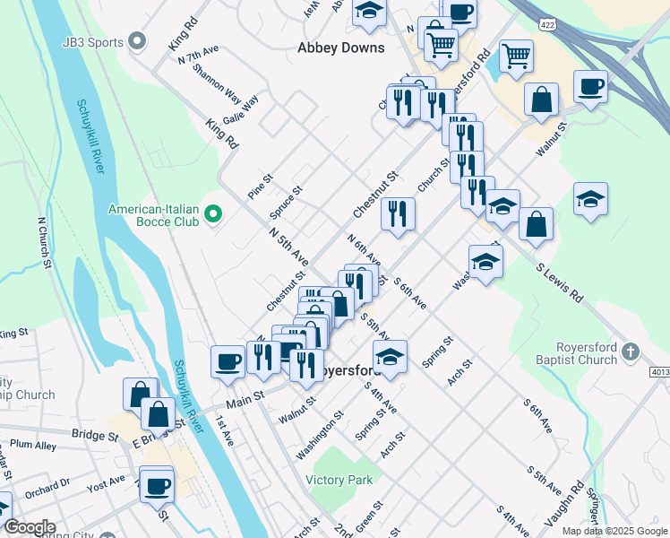map of restaurants, bars, coffee shops, grocery stores, and more near 523 Church Street in Royersford