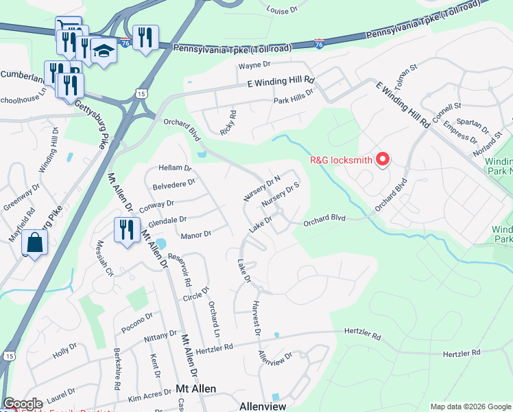 map of restaurants, bars, coffee shops, grocery stores, and more near 492 Nursery Drive South in Mechanicsburg