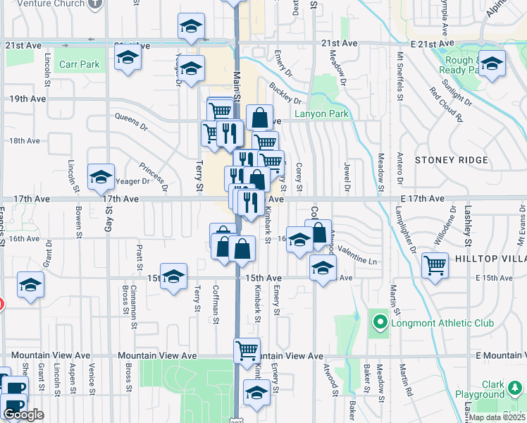 map of restaurants, bars, coffee shops, grocery stores, and more near 1637 Kimbark Street in Longmont