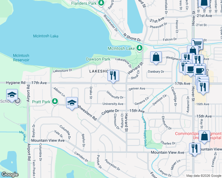 map of restaurants, bars, coffee shops, grocery stores, and more near 23 Denver Way in Longmont