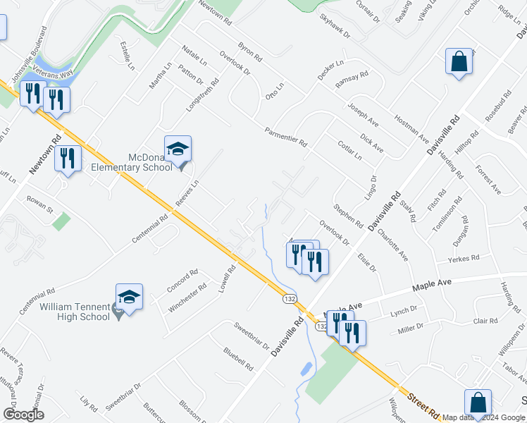 map of restaurants, bars, coffee shops, grocery stores, and more near 685 Whirlaway Drive in Warminster