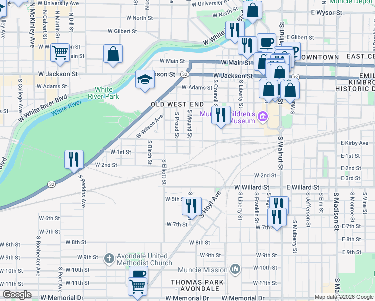 map of restaurants, bars, coffee shops, grocery stores, and more near 816 West 1st Street in Muncie