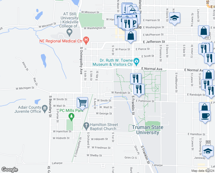 map of restaurants, bars, coffee shops, grocery stores, and more near 917 South Riggen Street in Kirksville