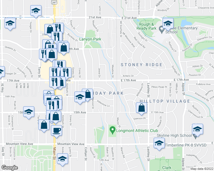 map of restaurants, bars, coffee shops, grocery stores, and more near 1639 Centennial Drive in Longmont