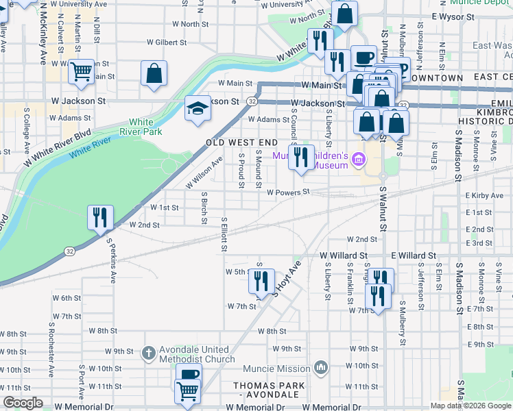 map of restaurants, bars, coffee shops, grocery stores, and more near 816 West 1st Street in Muncie