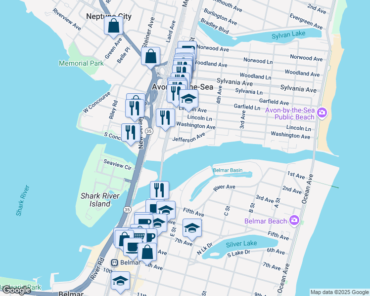 map of restaurants, bars, coffee shops, grocery stores, and more near 34 Poole Avenue in Avon-by-the-Sea