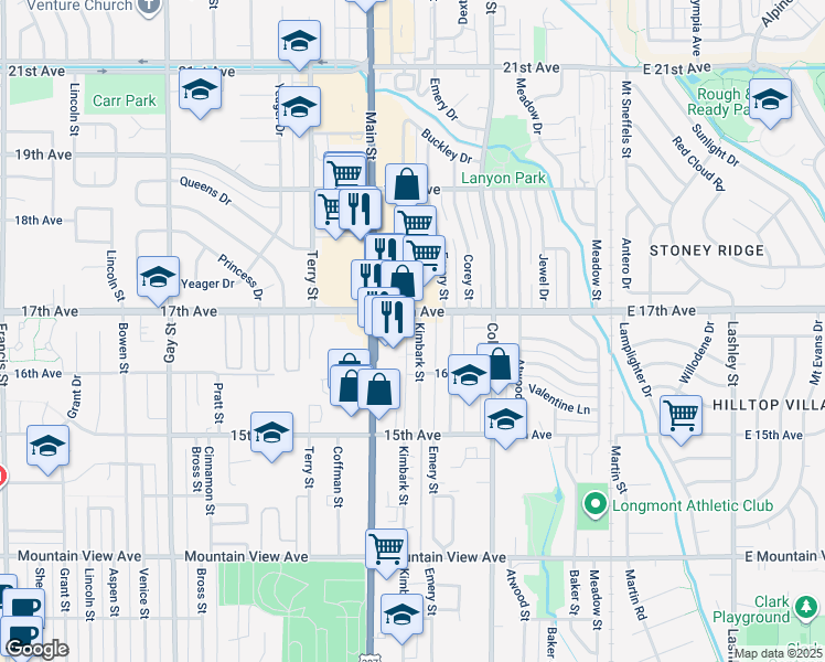 map of restaurants, bars, coffee shops, grocery stores, and more near 1637 Kimbark Street in Longmont