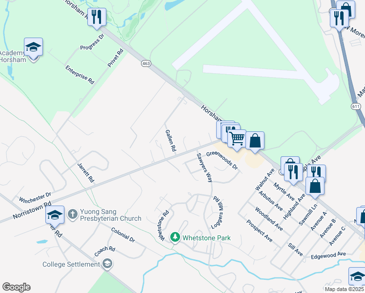 map of restaurants, bars, coffee shops, grocery stores, and more near 418 Norristown Road in Horsham