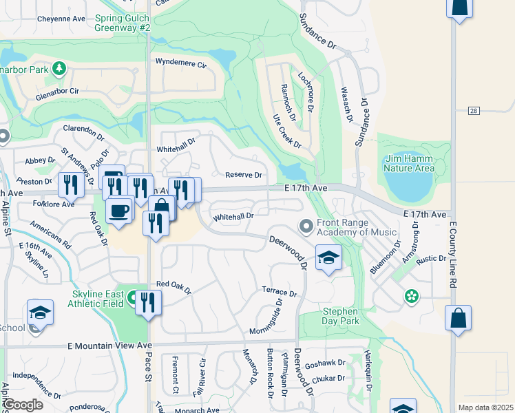 map of restaurants, bars, coffee shops, grocery stores, and more near 1632 Golden Bear Drive in Longmont