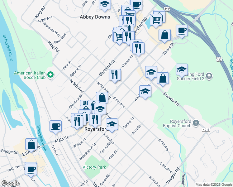 map of restaurants, bars, coffee shops, grocery stores, and more near 600 Main Street in Royersford