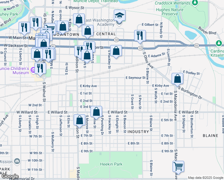 map of restaurants, bars, coffee shops, grocery stores, and more near 716 South Ebright Street in Muncie
