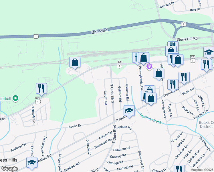 map of restaurants, bars, coffee shops, grocery stores, and more near 280 Cardiff Road in Fairless Hills