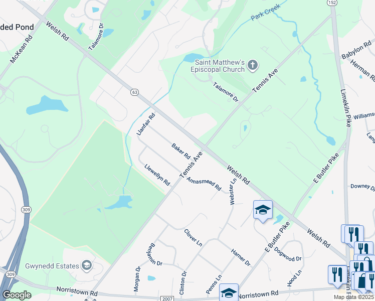 map of restaurants, bars, coffee shops, grocery stores, and more near 303 Baker Road in Ambler