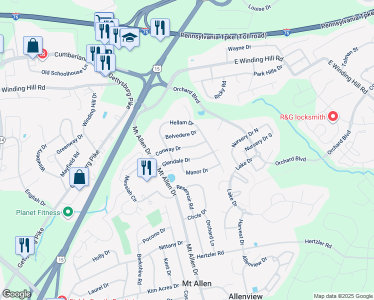 map of restaurants, bars, coffee shops, grocery stores, and more near 18 Conway Drive in Mechanicsburg