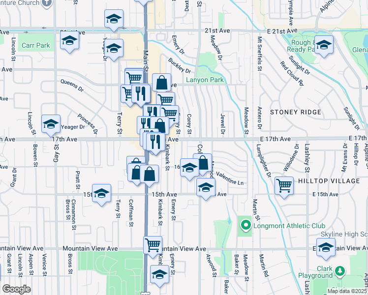 map of restaurants, bars, coffee shops, grocery stores, and more near 1644 Emery Street in Longmont