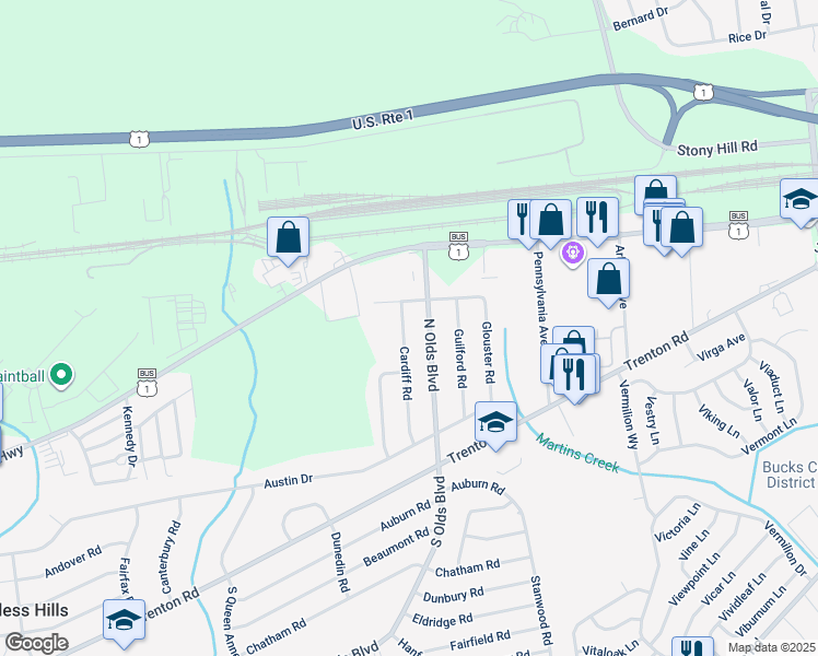 map of restaurants, bars, coffee shops, grocery stores, and more near 280 Cardiff Road in Fairless Hills