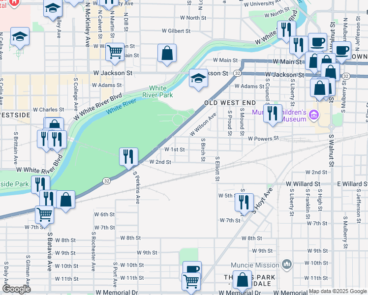 map of restaurants, bars, coffee shops, grocery stores, and more near 1208 West 1st Street in Muncie
