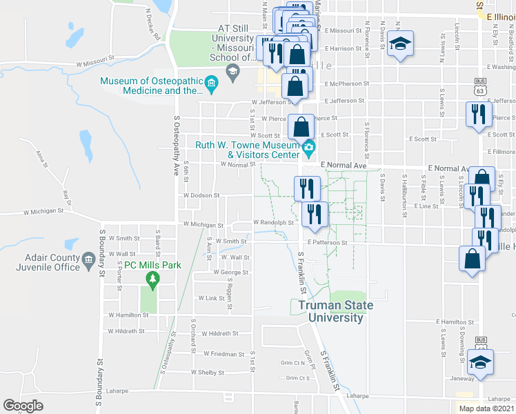 map of restaurants, bars, coffee shops, grocery stores, and more near 915 South 1st Street in Kirksville