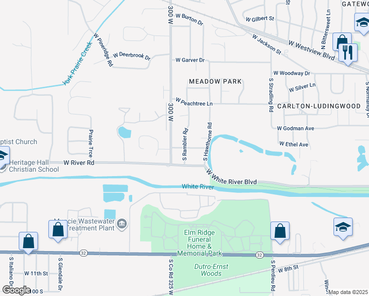 map of restaurants, bars, coffee shops, grocery stores, and more near 701 South Rambler Road in Muncie