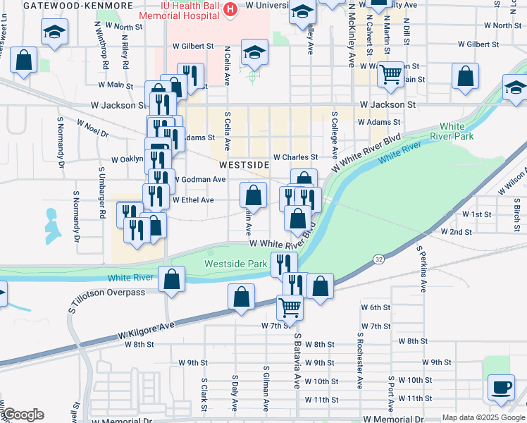 map of restaurants, bars, coffee shops, grocery stores, and more near 709 South Hutchinson Avenue in Muncie