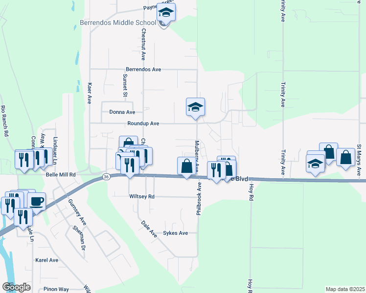 map of restaurants, bars, coffee shops, grocery stores, and more near 563 Houston Lane in Red Bluff