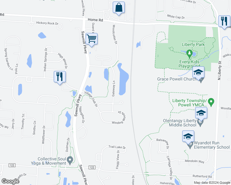 map of restaurants, bars, coffee shops, grocery stores, and more near 7847 Gateway Lane in Powell