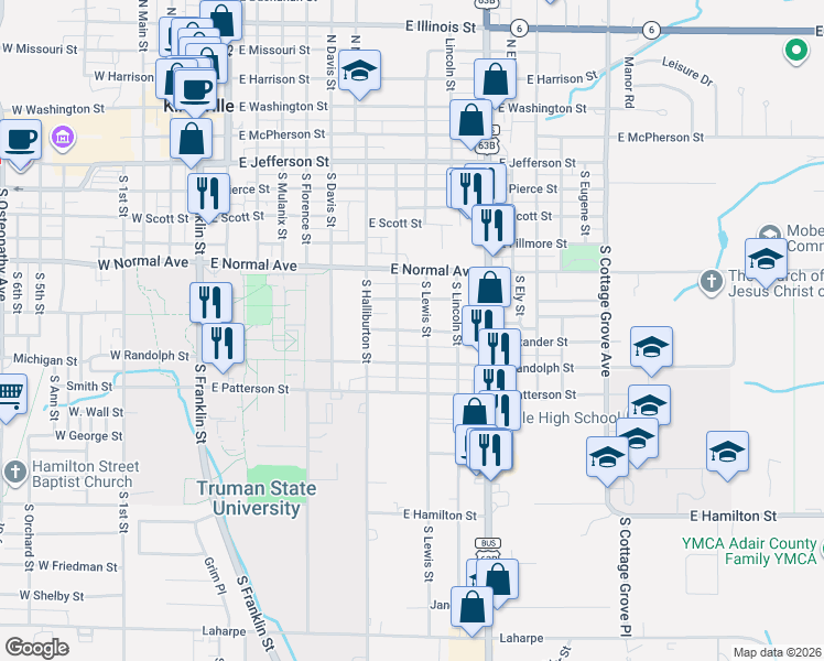 map of restaurants, bars, coffee shops, grocery stores, and more near 716 East Line Street in Kirksville