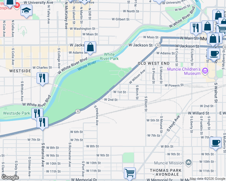map of restaurants, bars, coffee shops, grocery stores, and more near 1327 West Kilgore Avenue in Muncie