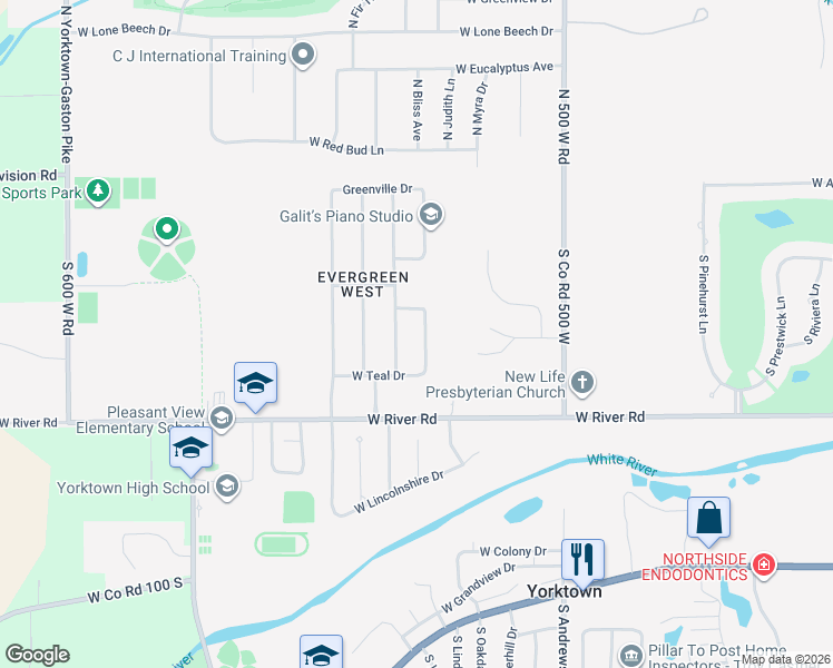map of restaurants, bars, coffee shops, grocery stores, and more near 605 South Jade Drive in Yorktown