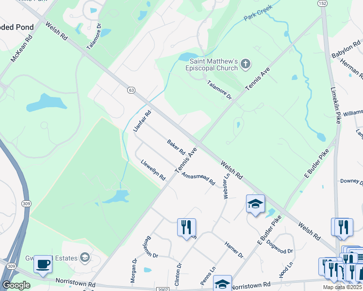 map of restaurants, bars, coffee shops, grocery stores, and more near 303 Baker Road in Ambler